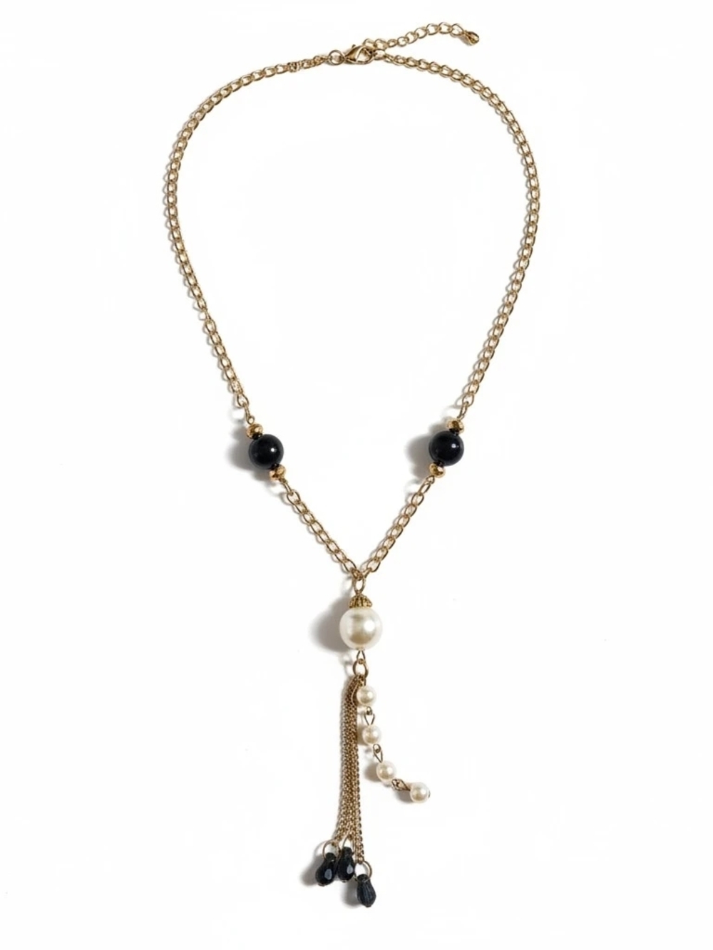 Women's Elegant Gold-Tone Long Necklace with Black Bead & Faux Pearl Tassels - Picture 3 of 4